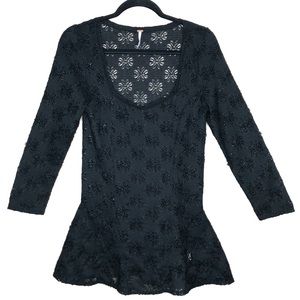 Free People Black Lace Floral Peplum Top